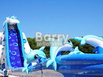 নীল প্রাণী দৈত্য ডলফিন Inflatable জল স্লাইড প্রাপ্তবয়স্ক আকার বিশাল inflatable স্লাইড