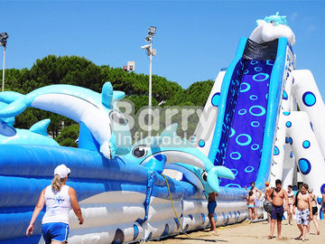 নীল প্রাণী দৈত্য ডলফিন Inflatable জল স্লাইড প্রাপ্তবয়স্ক আকার বিশাল inflatable স্লাইড