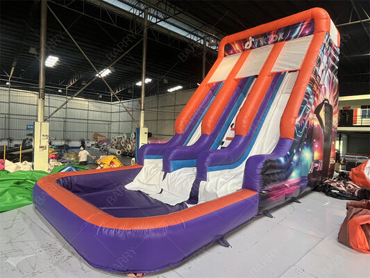 বাণিজ্যিক গ্রেড ডাবল লেন ইনফ্ল্যাটেবল স্লাইড পুল সহ, ট্রেন্ডি নিওন / টিকটোক থিমযুক্ত শুকনো / ভিজা স্লাইড পার্টি ভাড়া এবং ইভেন্টের জন্য বাচ্চাদের খেলার সিস্টেম