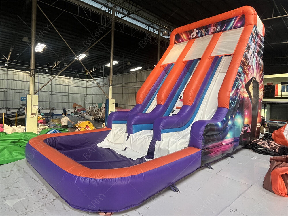 বাণিজ্যিক গ্রেড ডাবল লেন ইনফ্ল্যাটেবল স্লাইড পুল সহ, ট্রেন্ডি নিওন / টিকটোক থিমযুক্ত শুকনো / ভিজা স্লাইড পার্টি ভাড়া এবং ইভেন্টের জন্য বাচ্চাদের খেলার সিস্টেম